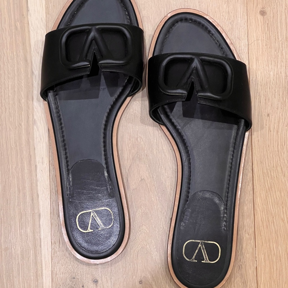 Valentino Black Leather Slide Sandals